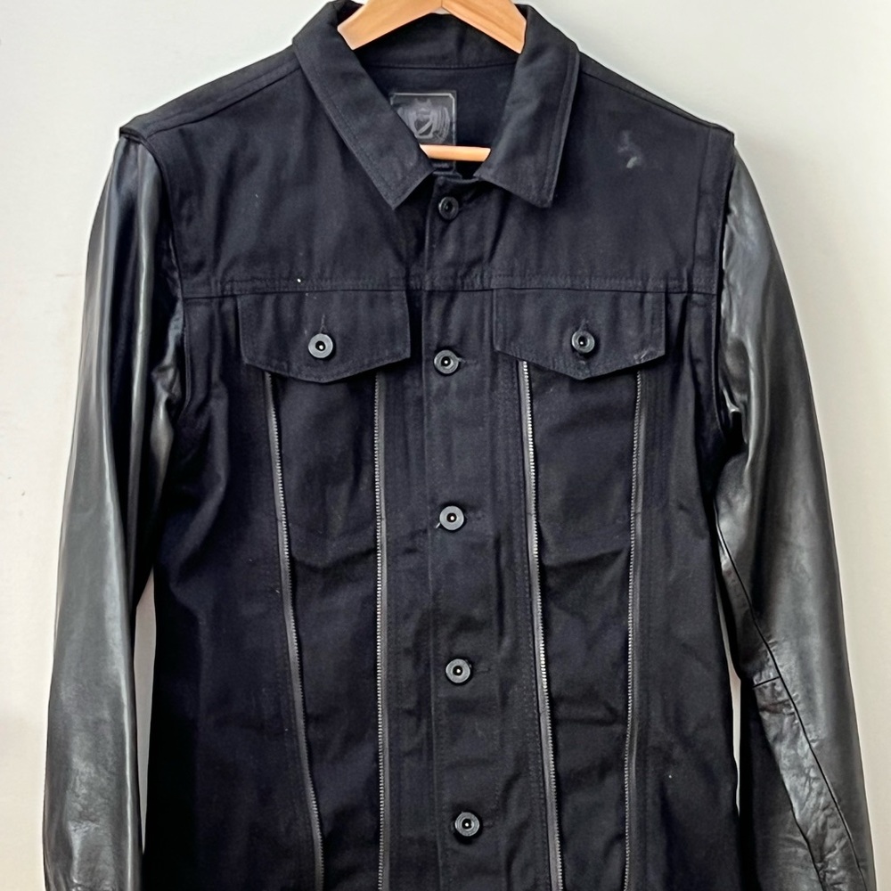 Public School Black Denim jacket w REMOVABLE leather sleeves